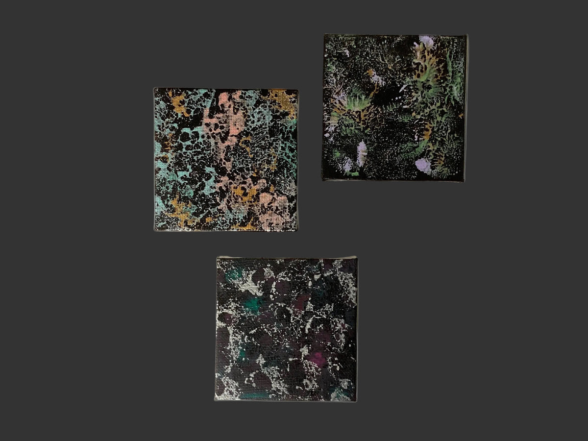 3  real miniature abstract modern art paintings on canvas 8cm x 8cm unique