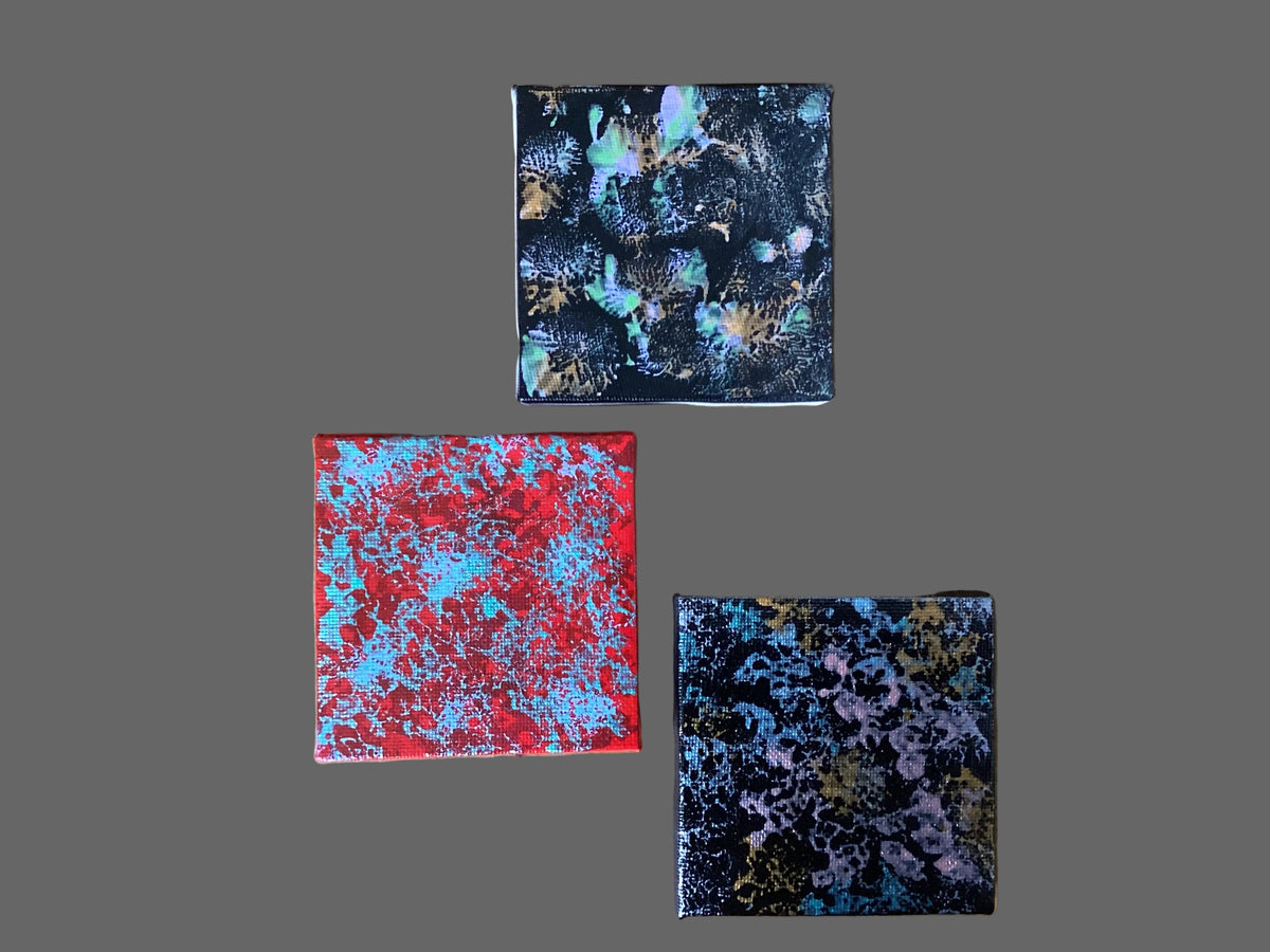 3 real miniature modern abstract art paintings on canvas 8cm x 8cm unique