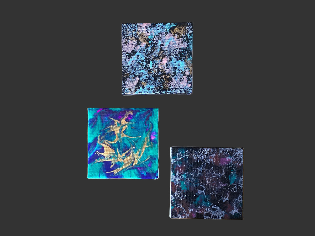 3 real miniature abstract modern art paintings on canvas 8cm x 8cm unique