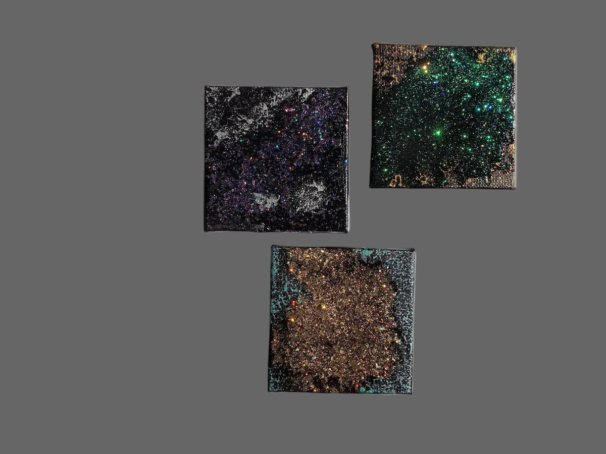 3 real miniature abstract art glitter paintings on canvas 8cm x 8cm unique
