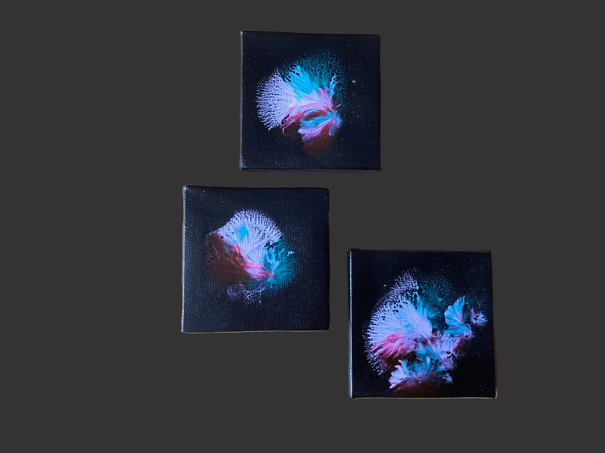 3 real miniature abstract art paintings on canvas 8cm x 8cm unique
